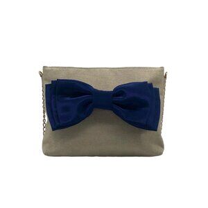 Leslie Dasch Dress For Cocktails Beige and Gold Speckled Tweed Handbag Blue Bow